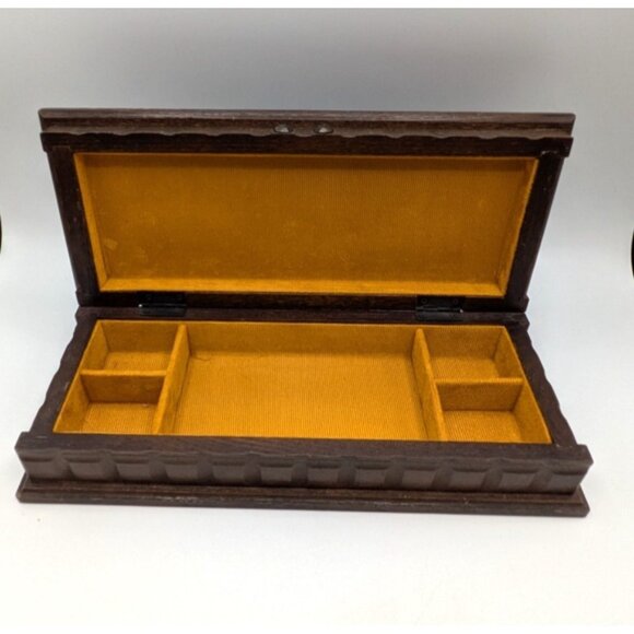 Apex VTG Wooden Rectangle Jewelry Box Gold Velvet Hinged Hammered Japan 12x5 - Picture 1 of 11